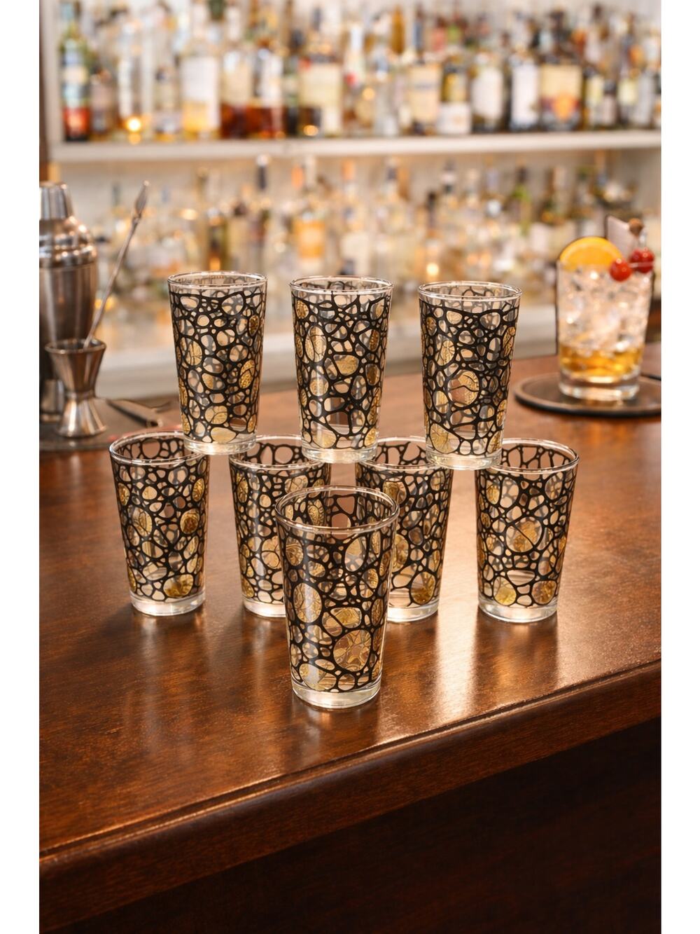 Rare MCM 1950s 1960s Black Gold Atomic Design Set of 8 Tumbler Highball Glasses
